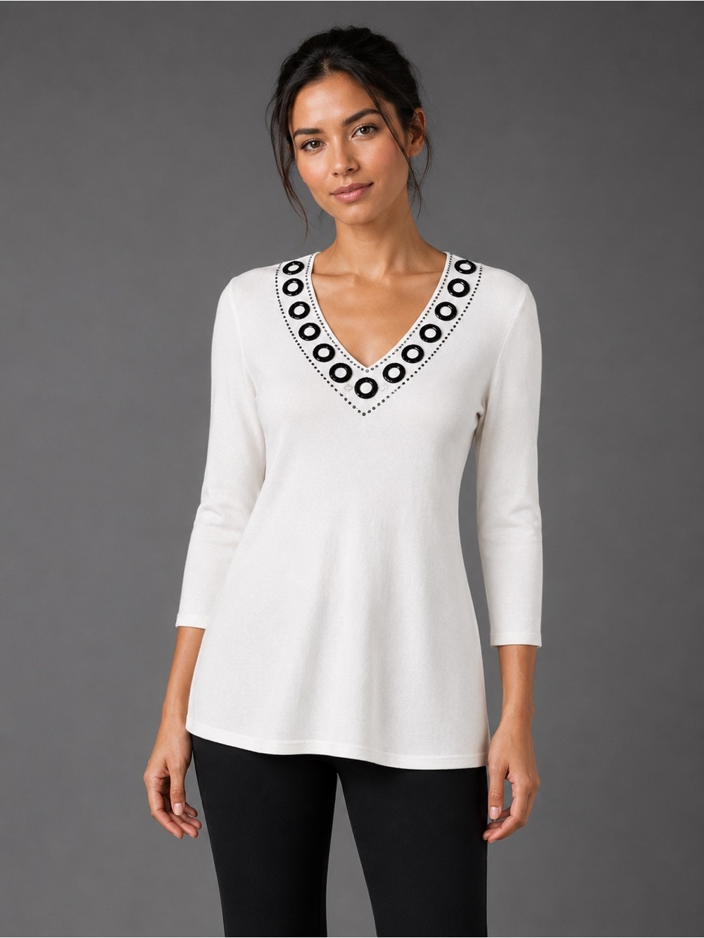 Evelyn White Knit Top with Jet Black Beading & Rhinestones in